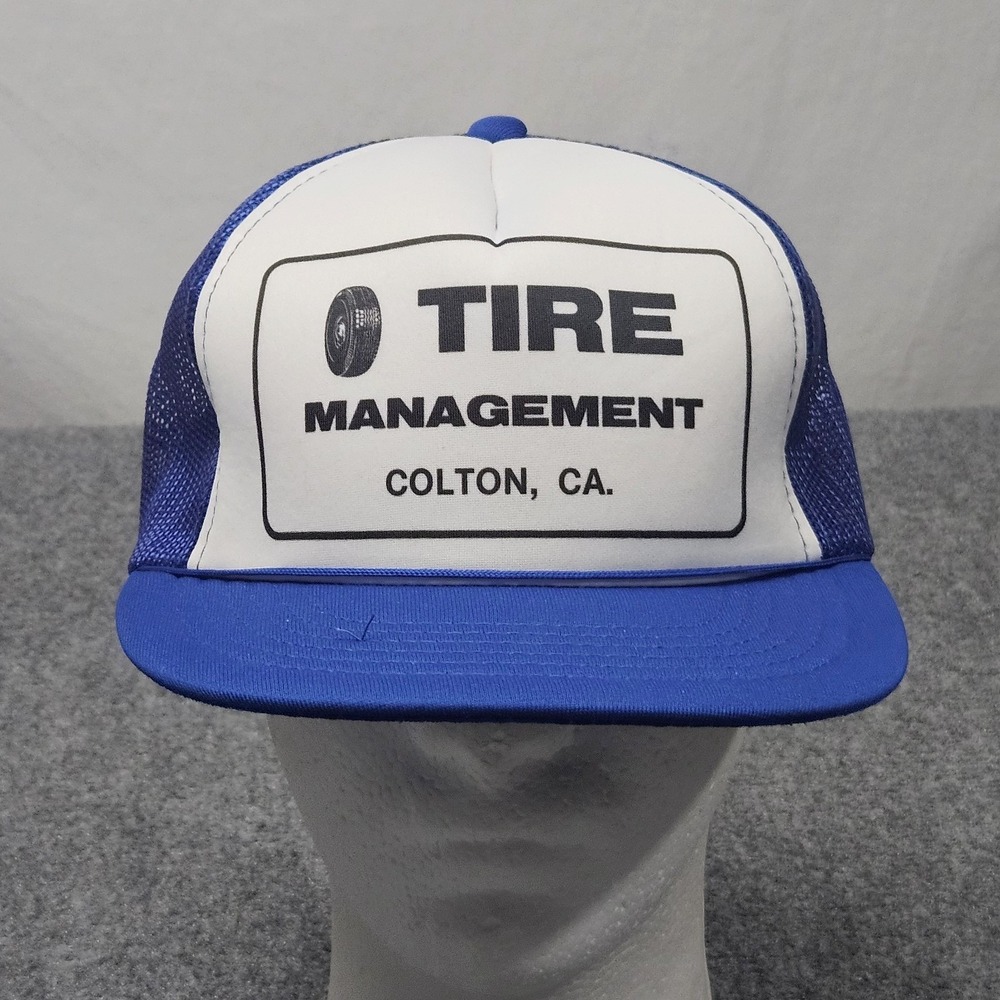 Vintage 90s Tire Management Trucker Hat‎ Mens Blue Cap Colton CA Snapback Retro